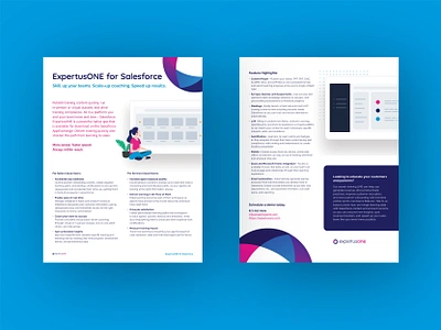 ExpertusONE sell sheet blue branding columns design expertus expertusone graphic design illustration interface layout layout design logo pink print print design purple salesforce sell sheet white