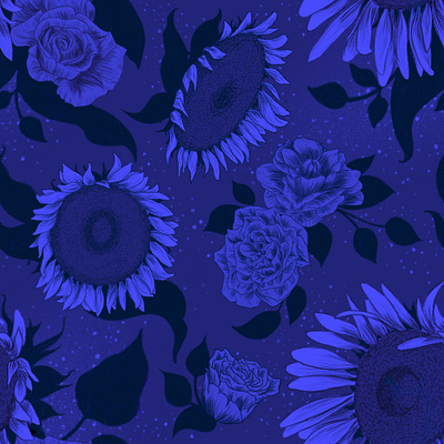 Sunflowers and Roses art licensing blue floral illustration midnight night pattern roses sunflowers