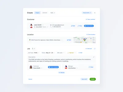Web App / New job form / Filled create customer dispatch fields form list map modal technician ui ux copy
