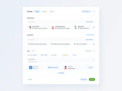 Web App / New job form / Default create customer dispatch fields form list map modal recommendations ui ux copy