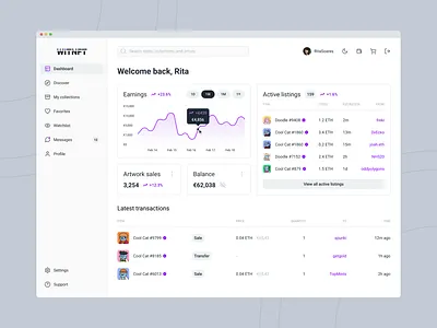 WITNFT - Artist Dashboard dashboard design marketplace nft ui ux web