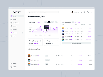 WITNFT - Artist Dashboard dashboard design marketplace nft ui ux web