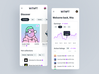 WITNFT - Mobile Showcase app crypto dashboard design discover graph marketplace nft store ui ux web