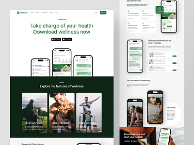 Wellness - Healthy Website (Download App) app store chat app clean design clean user interface doctors chat download app download page download section features health care hero homepage minimalist design phone play store product user interface web design website app wellness