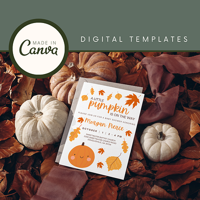 A Little Pumpkin Baby Shower Invitation Set | Canva Templates baby shower canva digital template fall graphic design invitation pumpkin