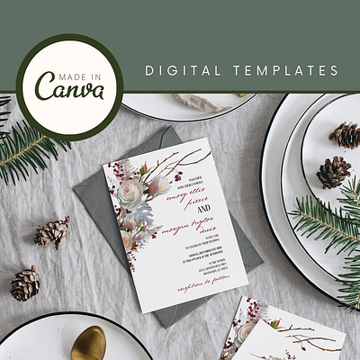 Winter Floral Wedding Invitation Set | Canva Templates canva digital template graphic design invitation wedding wedding invitation winter