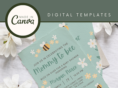 Mommy to Bee Baby Shower Invitation Set | Canva Templates baby baby shower bee canva digital template graphic design invitation mommy to be spring summer