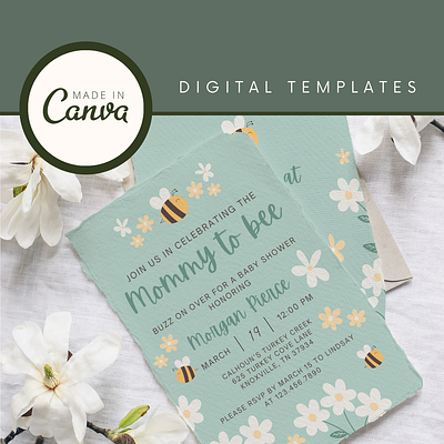 Mommy to Bee Baby Shower Invitation Set | Canva Templates baby baby shower bee canva digital template graphic design invitation mommy to be spring summer