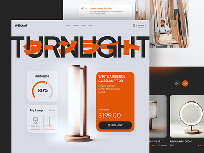 Wodlamp - Wooden Lamps Ambience Landing Page ai ambience dark design ecommerce funnel handcraft handmade interface iot lamp landing page light minimalist product saas seo shadow ui ux