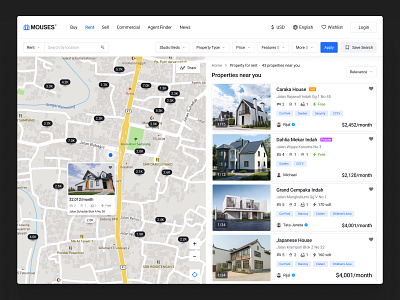 MOUSES - Real Estate Dashboard ads agent book booking buy dashboard hotel house maps product design properties property real estate rent sell ui