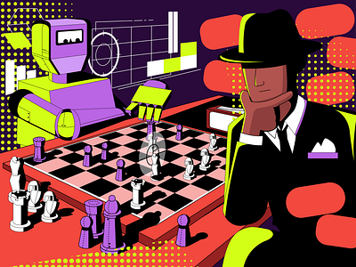 Chess Match Between Humans and AI - Illustration aivshuman algorithmicprecision artificial intelligence chessstrategy humans and ai humanversusmachine illustration retro strategicintuition