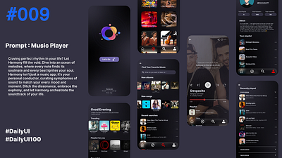 Harmony : A Music App UI Design appdesign creativedesign dailyui dailyui100 darktheme interfacedesign musicapp musicappdesign musiclovers musicplayerui uidesign userexperience userinterface uxdesign