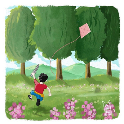 A Boy Playing in The Garden character design children book illustration