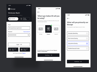 Sincope- Financial & Digital Wallet App Sign uo app appdesign branding design digitalwallet financeapp fintech graphic design login logo mobile app onboarding process signup process ui uidesign uiux