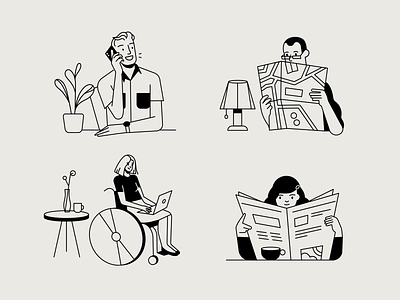 B&W Illustrations 🖤 black and white bw colleagues conversation disability friends group illustration job newspaper newyorker outline people phone portrait professional scene spot ui