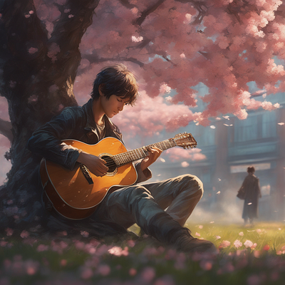 Boy Playing Guitar under Cherry Tree animation