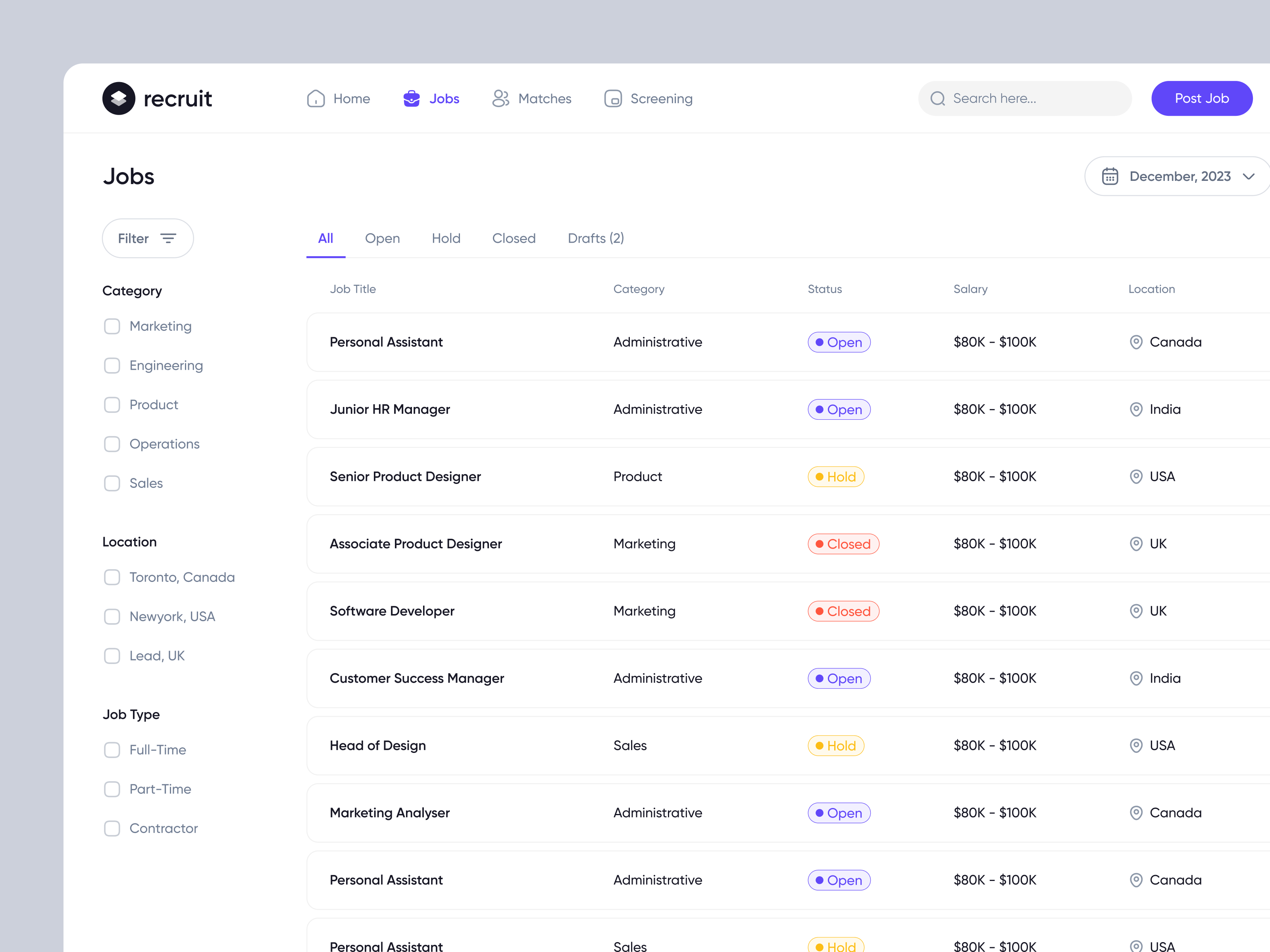 Recruitment - Job List admin portal ai analytics chart clean crm portal dashboard design data visualization design job platfrom ui job portal product designer recruitment saas saas analytics saas designer sales analytics ui uiux design webapp