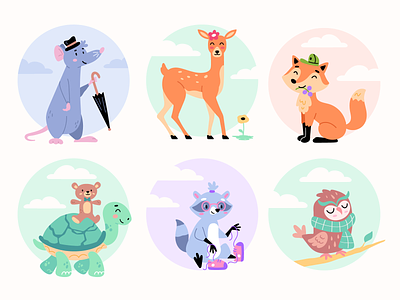 Magical forest friends animal animals cartoon characters cute deer design flat fox friendly illustration minimal mouse owl pastel raccoon simple soft color turtle vector