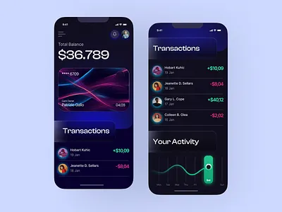 Mobile Banking App Concept Dark Mode app app design banking branding figma finance financial app fintech fintech app glass effect mobile bank mobile banking app money product design transaction ui uidesign uiux ux wallet
