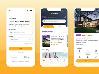 PropBest - Property Listing App app design figma home house login mobile profile propbest property rental ui yellow