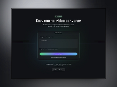 Text-to-video converter darkmode landing page saas landing page ui