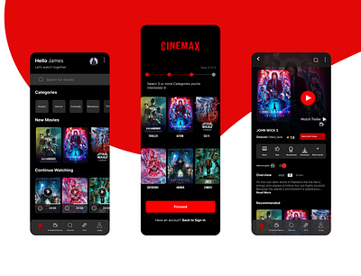 Movie Streaming Mobile App app bottomnav branding cinemax darkmode design graphic design home homepage movie navigation netflix onboarding red search searchbar streaming ui