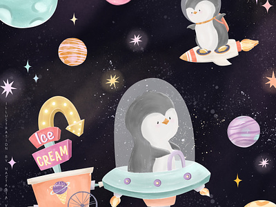 Space Penguins animal arctic animal baby book illustration character design children illustration cute illustration digital illustration fantasy ice cream kid illustration penguin planets procreate retro space space adventures space illustration space ship universe