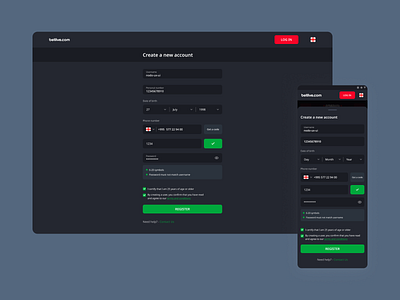 Gambling Registration app button checkbox field form input login logo mobile password register registration ui user ux web