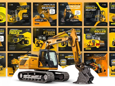 Heavy Machinery Social Media And Web Banner Design ads banner bulldozer company construction cover dumping truck excavator facebook flyer forklift front end loader grader instagram logo media post social ui web