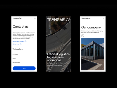 Transmeja®, mobile screens about animation black blue breakpoints cargo color delivery design interaction logistics minimal mobile modern responsive ui ux web website white