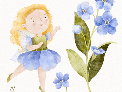 Flower Fairy Kid illustration. Forget Me Not babyshower character design children book illustration children illustration fairy fairy tale flower illustration garden illustration girl illustration illustration kid illustration kidlit kidlitart kidlitillustration kids book nursery design nursery illustration picture book procreate watercolor illustration