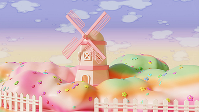 Cartoon Fantasy Windmill and Blooms 3D Animation 3d 3d animation 3d illustration 3d model cartoon fantasy flower forest green house magic scenery spring summer