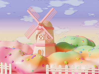 Cartoon Fantasy Windmill and Blooms 3D Animation 3d 3d animation 3d illustration 3d model cartoon fantasy flower forest green house magic scenery spring summer