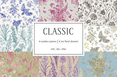 Classic. Seamless patterns background beautiful blossom botanical classic decorative elegant pattern