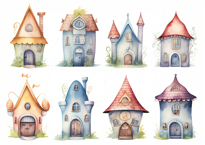 Watercolor fairytale houses clipart png watercolor