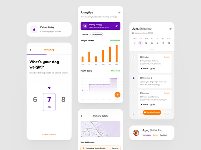 Dog Catering & Health Tracking Mobile App address analytics app calendar catering chart clean delivery food health map mobile onboarding pet schedule status timeline ui ux weight