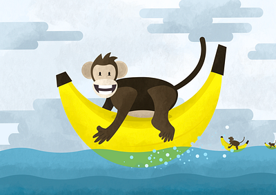 Banana Surfing animals bananas food drink illustration monkey vector vectorillustration