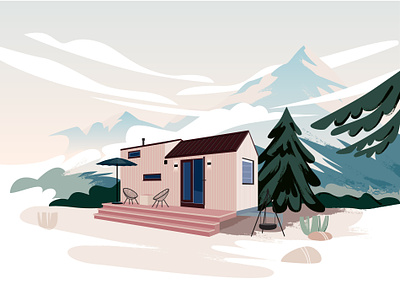 Tiny house on wheels cabin design graphic house illustration landscape mountain nature pastel tinyhosue vector wheels