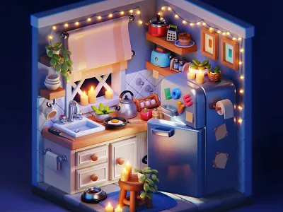 Stylized Kitchen - Night Version 3dartist 3dblender 3drender blender blenderartists blenderartwork candles egg fridge gameart gameassets kitchen knife love plants stylized tomato