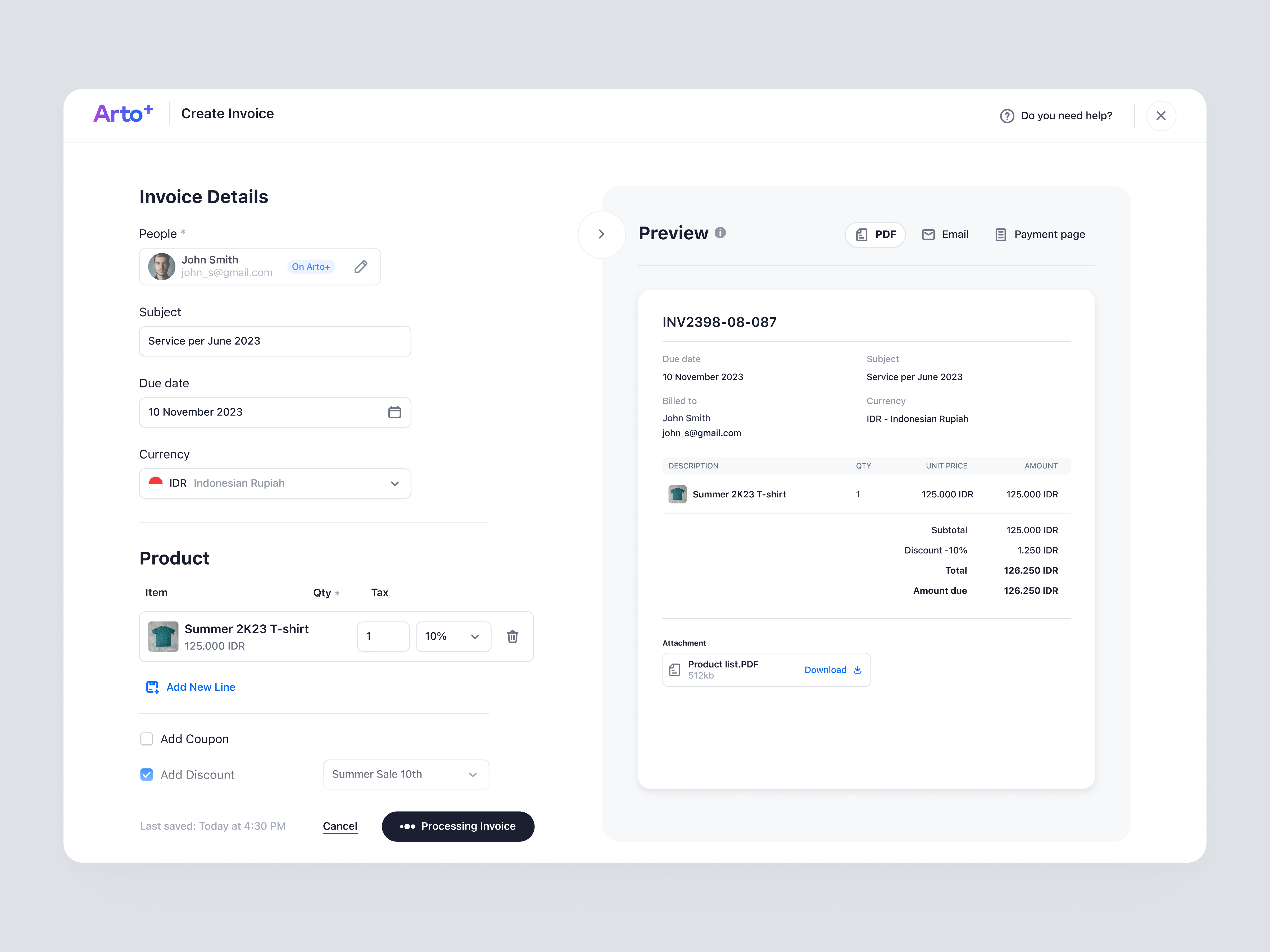 Arto Plus - Create Invoice in SaaS Payment System billing coupon create invoice discount financial app invoice invoice product invoice view paid preview pro mode product design saas saas design shop transactions ui ux web design