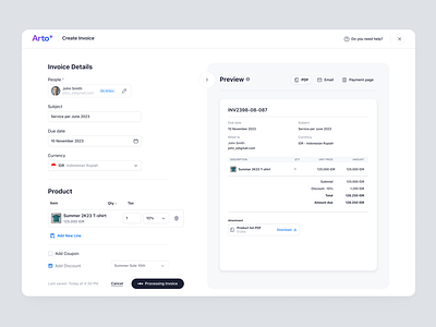 Arto Plus - Create Invoice in SaaS Payment System billing coupon create invoice discount financial app invoice invoice product invoice view paid preview pro mode product design saas saas design shop transactions ui ux web design