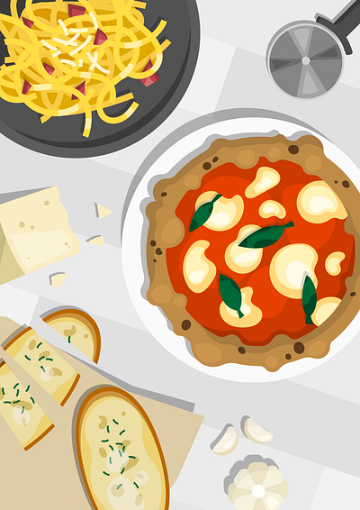 Italian Feast bread carbonara cheese foodanddrink garlic illustration italian pizza vector vector illustration vectorillustration