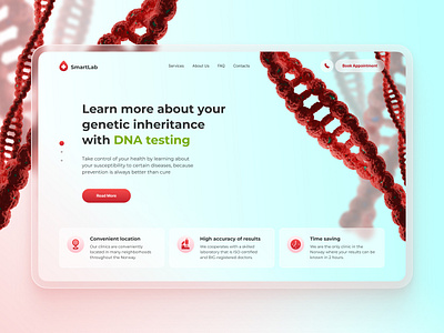 Clinic Landing Page Concept — Hero Screen blood testing clean clinic coronavirus testing covid 19 testing creative dna testing figma first screen fresh colors glass effect glassmorphism gradient healthcare landing page medical medicine slider ui web design