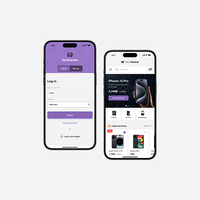 First screen E-Commerce app card e comerce iphone store design ux ui log in main page modern design. redesign sign up ui ux web design