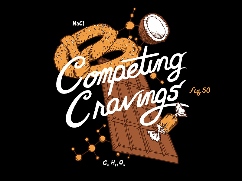 Competing Cravings beer caramel chcolate coconut illustration lettering pretzel science typography