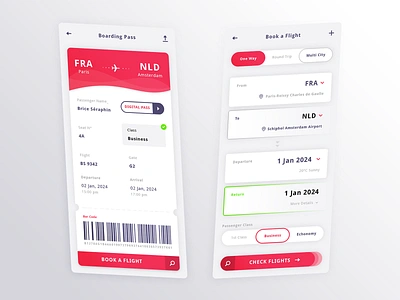 Flight aiport airplane app application android ios bar code digital pass boarding pass book check flight brand branding business class departure arrival france french graphic design holland netherland illustrator ai photoshop psd print designer senior designer seraphinbrice creativemarket typo typography ui ux designer