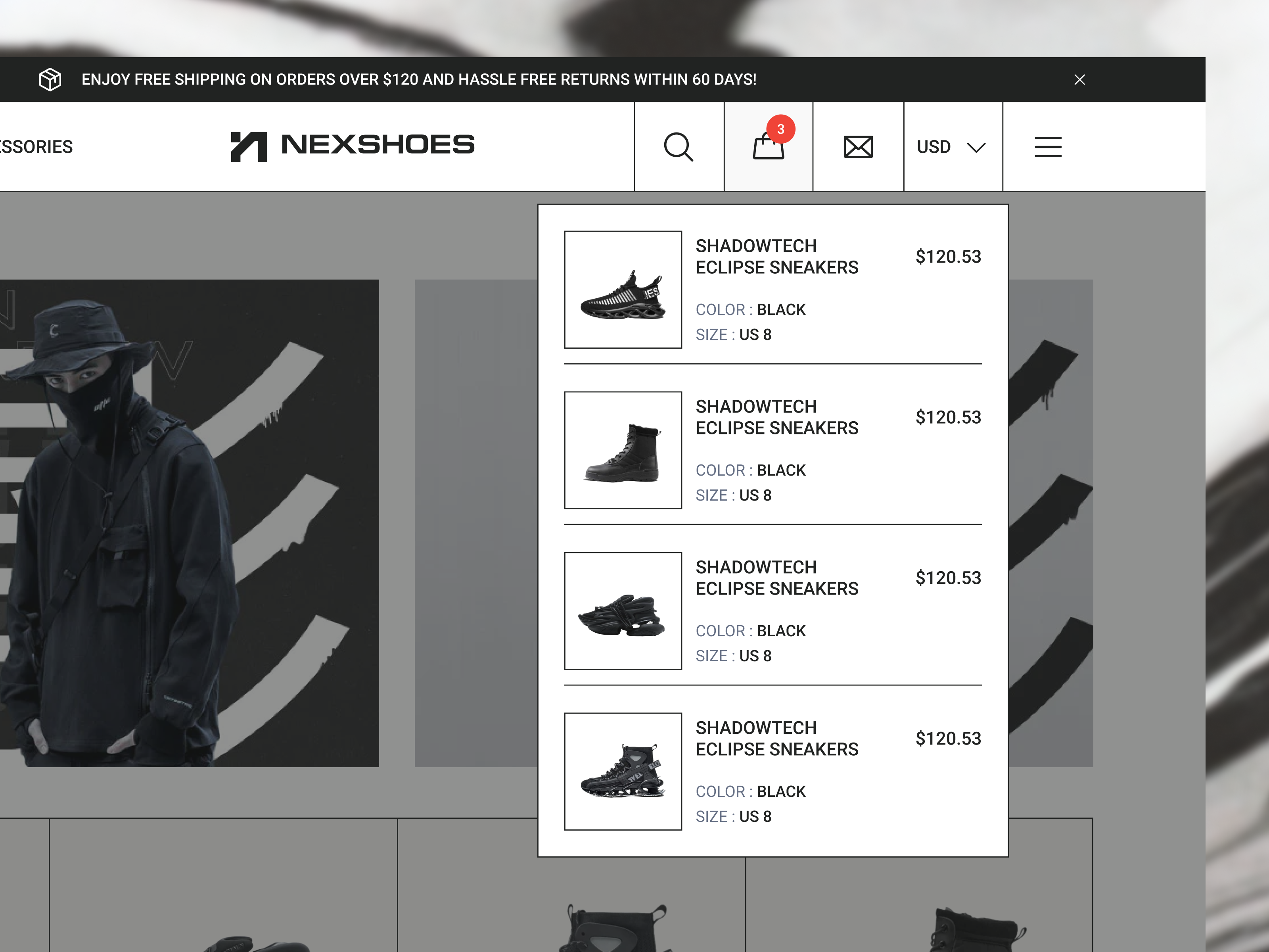 Nexshoes - Hovered Cart cart cart page checkout commerce design e commerce market marketplace navbar online store product design shop shop website shopify shopping ui ui design uiux web design website