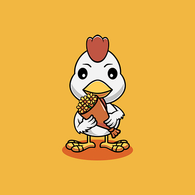 Cute chicken with flower cartoon illustration red