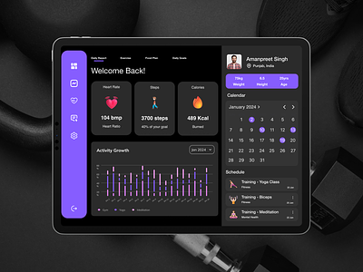 Fitness Monitoring Dashboard UI - iPad 3d dashboard dashboard ui fitness fitness dashboard graphic design gym health health monitor ipad ipad dashboard ui ipadui ui uiux