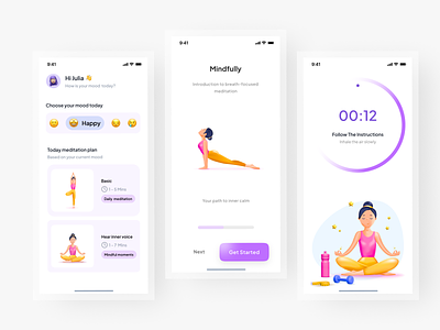 Mindfully - Meditation Mobile App app design fitness illustration lifestyle meditation mobile mobile app mobile ui purple relaxing app sport ui uidesign wellness yoga yoga app